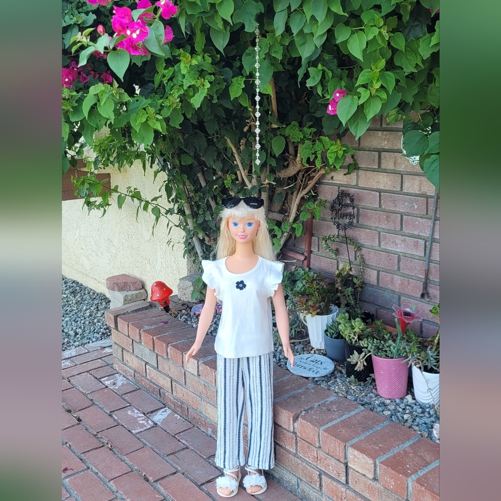 Stylish  Set White Embridered Top and Striped Pants